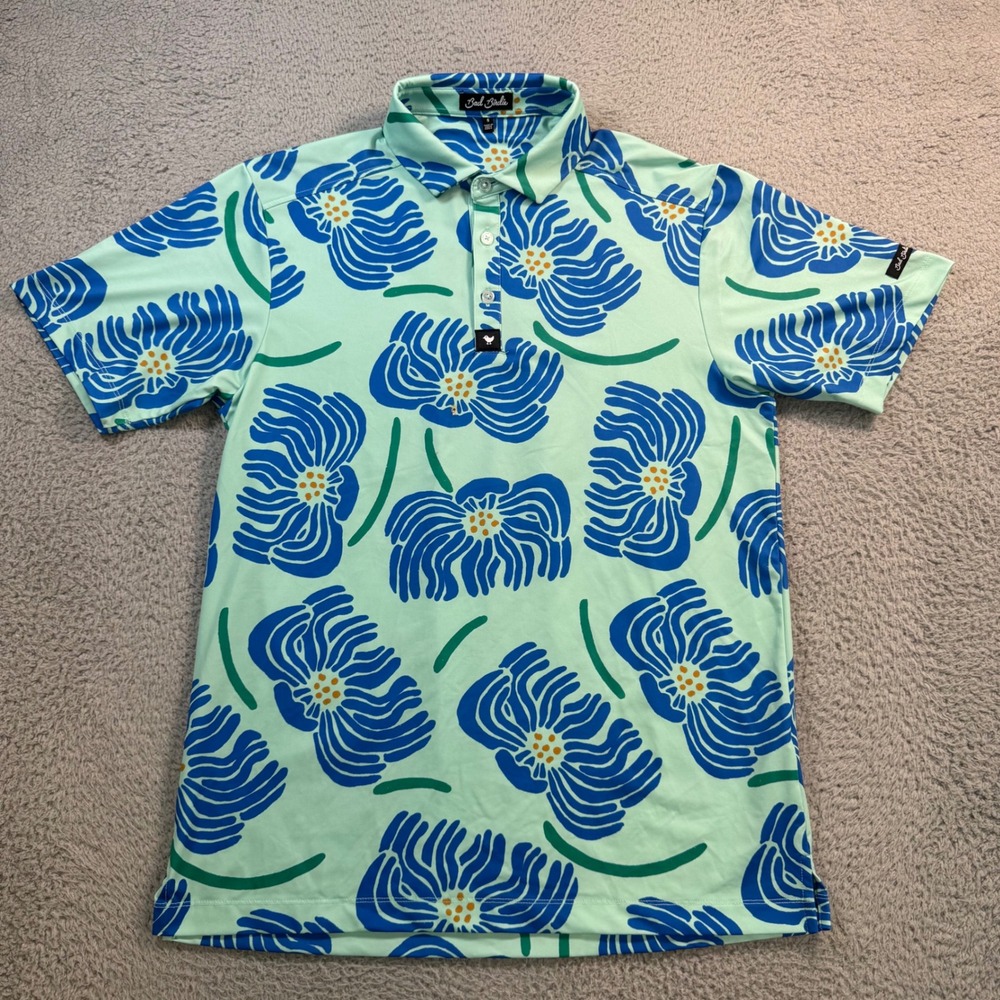 Bad Birdie Mens Floral Golf Polo Shirt Mint Green Blue Short Sleeve Size S